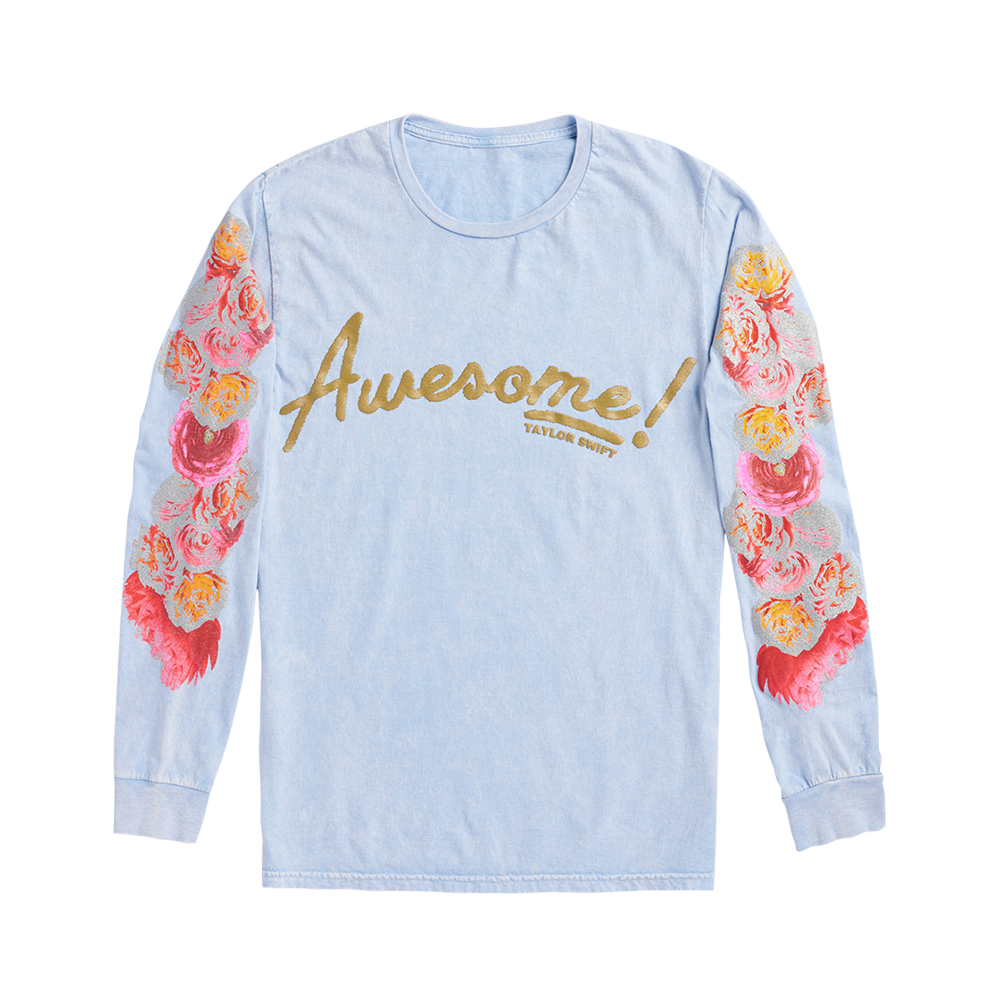 Blue Longsleeve Tee With Flower Sleeve Design