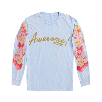 Blue Longsleeve Tee With Flower Sleeve Design